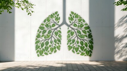 Fototapeta premium Lung shaped tree artwork on white wall with dappled sunlight and green leaves