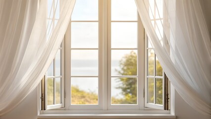 Open White Pane Window With Flowing Curtains Overlooking A Serene Ocean And Green Trees On A Sunny Day