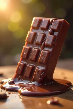 Naklejki A hilarious scene of a chocolate bar dramatically melting in the sun, creating a comical, gooey mess Perfect for blogs, websites, or social media posts needing a lighthearted touch , happy, food