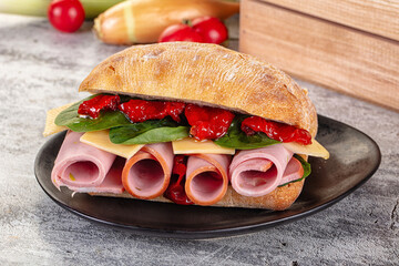 Ciabatta with mortadella, tomato, cheese and spinach