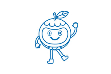 Blue citrus character happily waves, standing on two legs in a cheerful mood