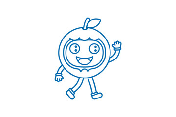 Animated blue tangerine character smiling and waving, walking forward cheerfully on a white backdrop