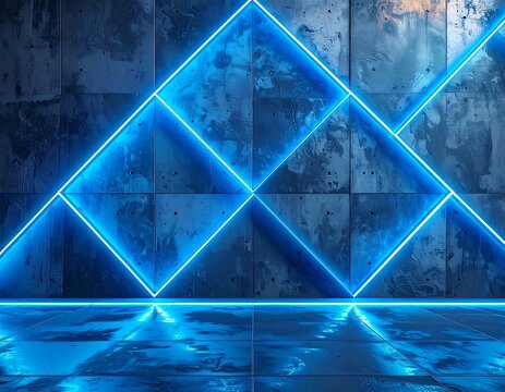 Neon blue geometric lights frame textured walls with reflection below