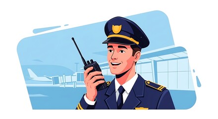 Smiling Airport Security Officer Communicating with Walkie-Talkie.
