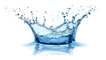 A crown-shaped splash of clear water, showing droplets and surface reflection, on white