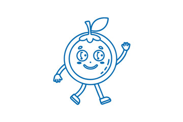 Animated citrus mascot with cheerful expression happily waves and walks confidently on a white background