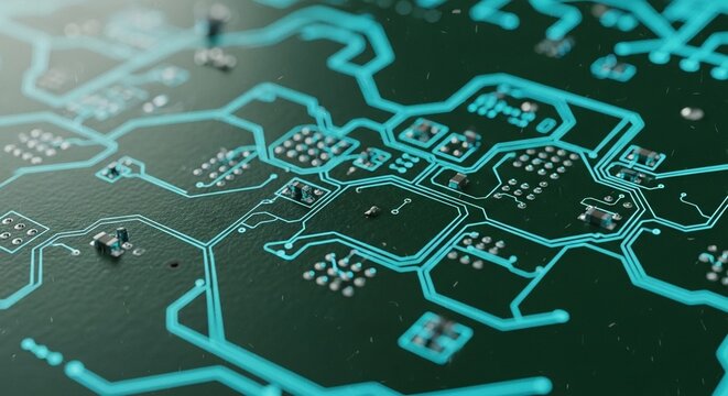 Close-up of a dark green circuit board with turquoise wiring and silver components, showcasing intricate electronic pathways and connections.