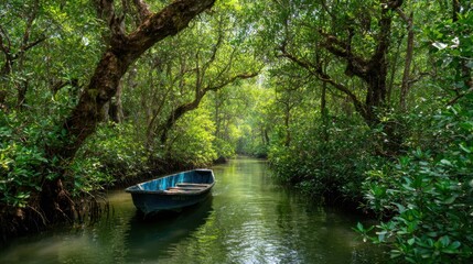 Fototapeta premium A serene boat floats on calm water surrounded by dense green foliage. Sunlight filters through the trees creating a peaceful atmosphere perfect for exploration.