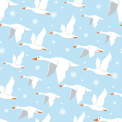 Merry Christmas Animal Pattern Vector. Seamless Snow Goose Pattern with Snowflakes. Christmas seamless pattern Print Background.