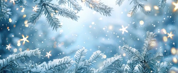 Snowfall over evergreens in winter forest, lights background, greeting card