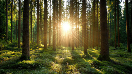 Fototapeta premium Golden sunlight through trees creates warm, serene atmosphere in lush forest