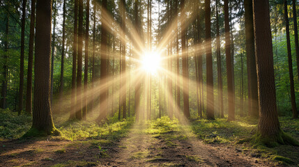 Fototapeta premium Golden sunlight through trees creates warm, serene atmosphere in forest