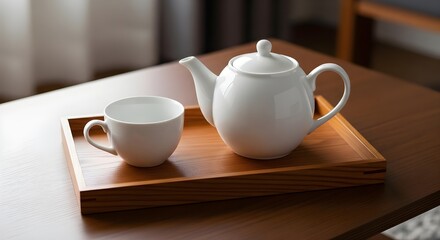 Fototapeta premium White ceramic teapot and cup on a sleek wooden serving tray