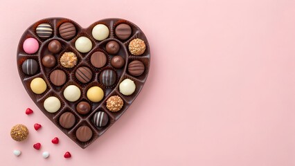 Heart Shaped Box Filled With Assorted Chocolates On A Pink Background With Copy Space