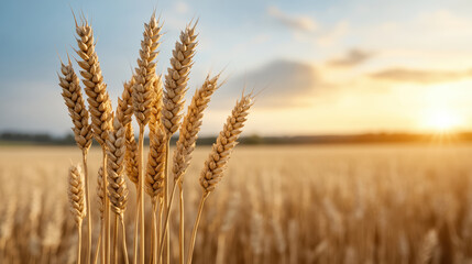 Fototapeta premium Golden wheat field glowing under sunset, peaceful harvest scene