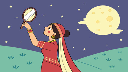 Illustration of a woman observing karwa chauth fast by looking at the moon through a sieve, symbolizing love, devotion, and marital bliss