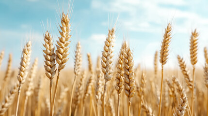 Obraz premium Golden wheat field swaying in wind under bright blue sky, creating warm atmosphere