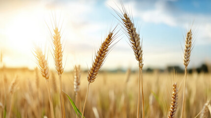 Fototapeta premium Golden wheat field swaying in wind under bright sky, evoking warmth and tranquility