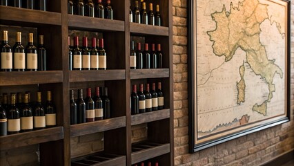 Rustic Wine Cellar Interior With Wooden Shelves And Vintage Map Of Italy On Brick Wall