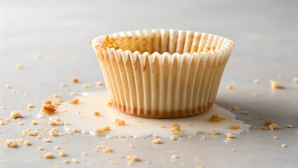 Empty Muffin Liner with Spilled Cream and Crumbs on a Gray Surface