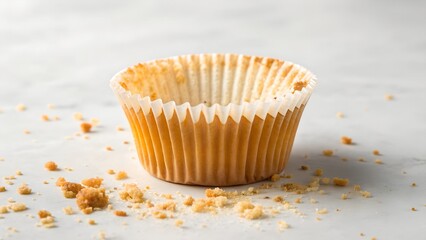 Empty Crumpled Muffin Liner on a White Marble Countertop with Scattered Crumbles