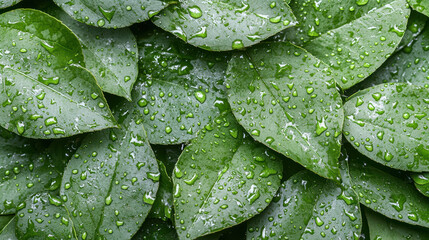 Fototapeta premium Fresh green leaves with water droplets create vibrant natural scene