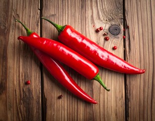 Three bright red chili peppers rest on a rustic wooden surface