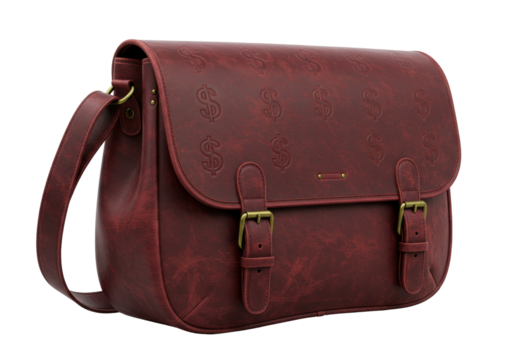 Isolated Burgundy Leather Messenger Bag with Dollar Sign Pattern and Antique Brass Buckles