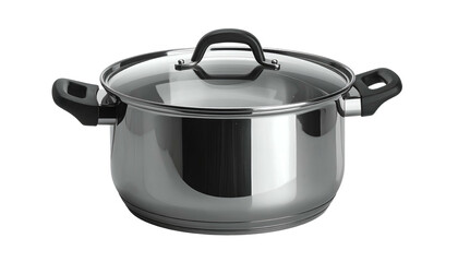 Shiny stainless steel pot with glass lid on black background