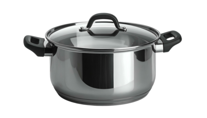 Shiny stainless steel pot with glass lid on black background