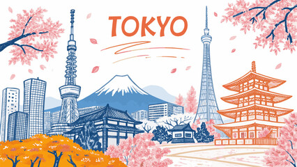 Tokyo Skyline with Mount Fuji, Tokyo Tower, Skytree and Shibuya Crossing &ndash; Cultural Urban Landscape for Japan Tourism, Travel Poster, Editorial and Commercial Use