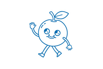 Cartoon blue apple character with arms and legs walks happily, waving its hand