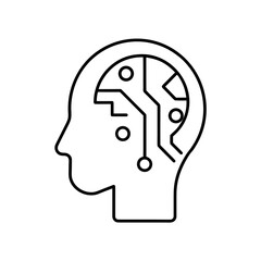 Human head outline with circuit board inside brain on transparent background