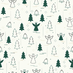 Obraz premium Christmas Tree Pattern Vector. Seamless Christmas Tree Pattern with Angel and Bell. Holiday spirit seamless pattern Background.