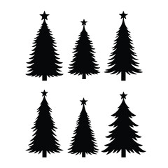 Six Black Silhouetted Christmas Trees with Stars on Top, Ideal for Holiday Decor Design