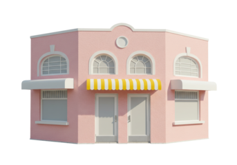 Isolated pink pastel store facade with awning, cute architecture, building, 3D rendering