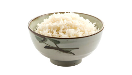 White cooked rice fills patterned ceramic bowl on dark background