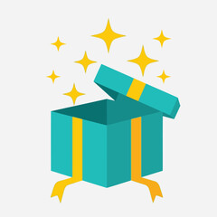 Flat vector illustration of an open turquoise gift box with yellow ribbons and magical sparkling stars emerging.