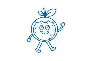 Cheerful blue outline tangerine character strides optimistically with leaves and a friendly wave