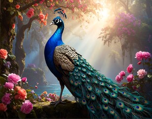Majestic peacock standing near a serene pond, surrounded by vibrant flowers
