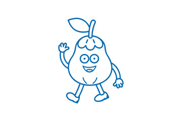 A friendly pear character with blue outlines is smiling and waving hello