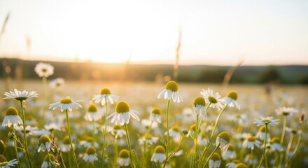 Fototapeta premium Gorgeous banner with chamomile flowers. Daisy blooms in sun flares in a spring or summertime landscape. Soft focus. with a copy space. close-up. Little Flowers of Chamomile 
