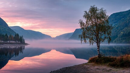 Fototapeta premium Serene lake scene with pink dawn light, misty reflections, and a birch tree