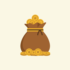 A brown money bag overflowing with gold coins, symbolizing wealth and financial success. © Taimoor