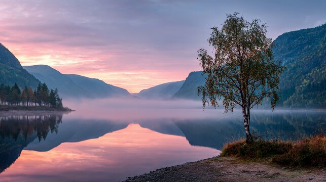 Serene lake scene with pink dawn light, misty reflections, and a birch tree