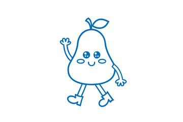 A cute animated pear cheerfully walks and waves hello with a friendly smile on white