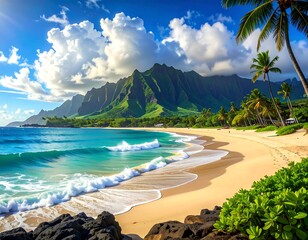 Tropical beach scene with mountains, waves, and a sunny blue sky