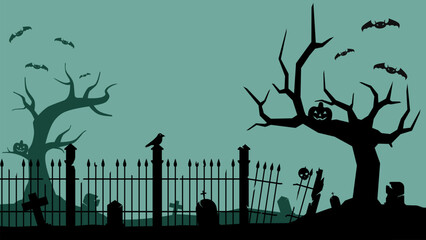 Cemetery landscape with spooky atmosphere of broken tomb fences. Background silhouette of graveyard with tombstones and dead trees. Vector illustration for Halloween event celebration with flat style
