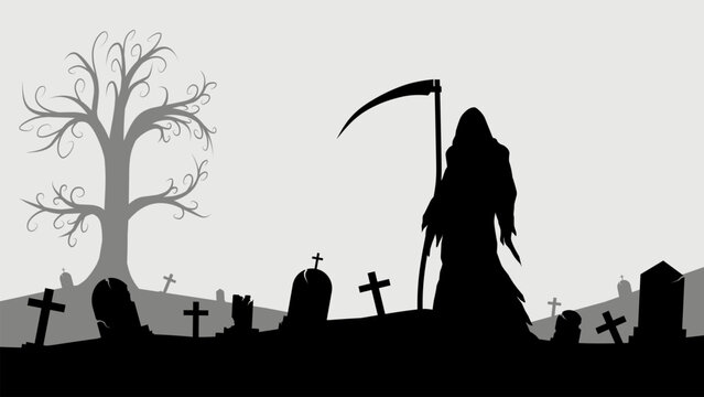 Grim reaper in the cemetery landscape illustration full of tombstone. Background silhouette of angel of death in the graveyard. Vector illustration for Halloween event celebration with flat style