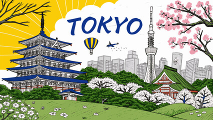 Tokyo Skyline with Mount Fuji, Tokyo Tower, Skytree and Shibuya Crossing &ndash; Cultural Urban Landscape for Japan Tourism, Travel Poster, Editorial and Commercial Use